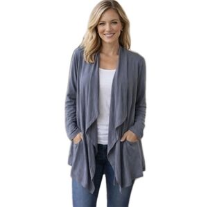 Pure Jill Open Front Waterfall Cardigan Womens M Slate Gray Preppy Classy Office